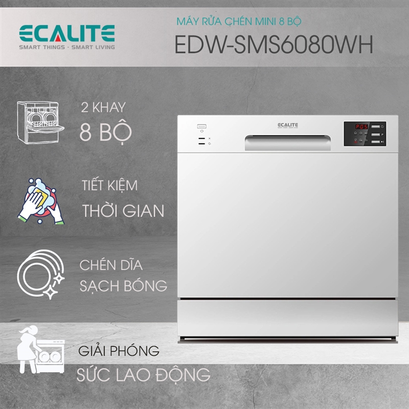 Máy rửa chén 8 bộ màu trắng Ecalite EDW-SMS6080WH