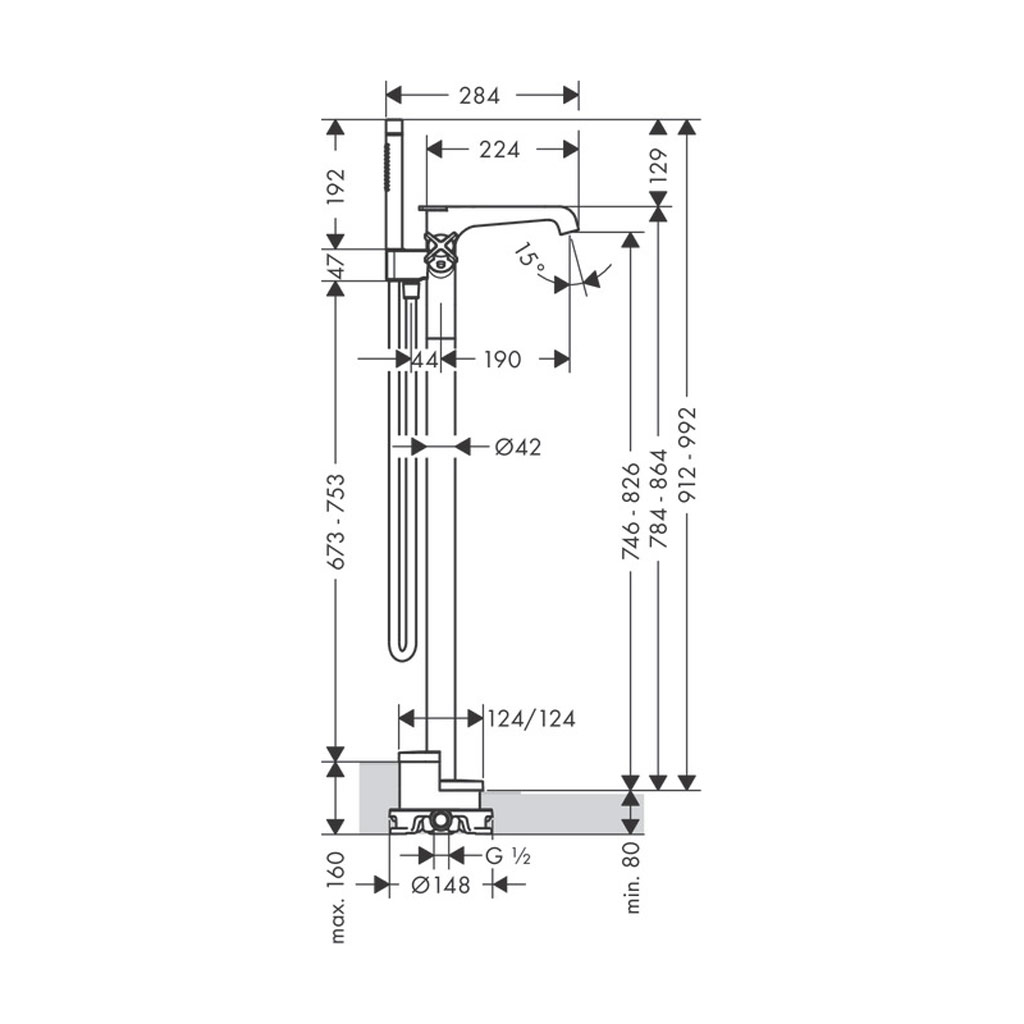 Kích thước Bộ trộn đặt sàn Axor Citterio E 589.30.532