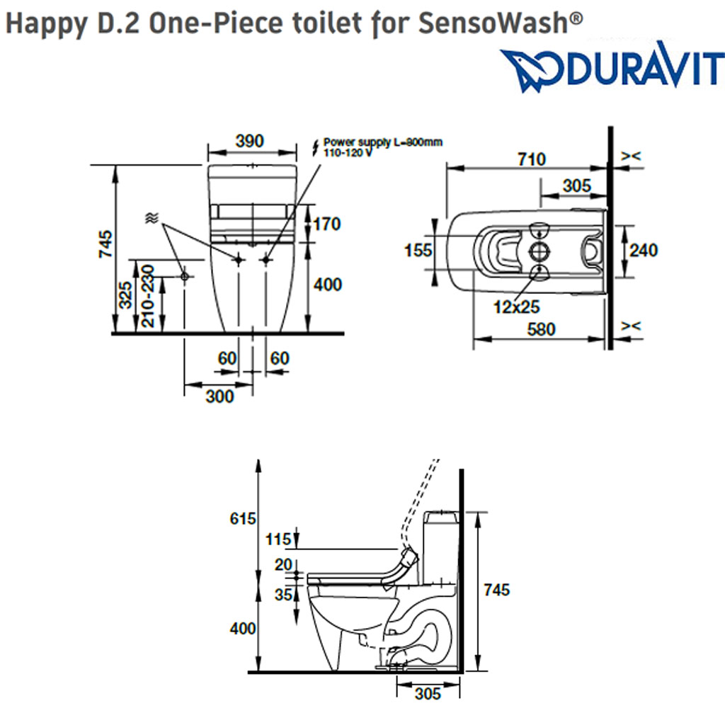 Kích thước Bồn cầu điện tử Duravit Happy D.2 588.46.451