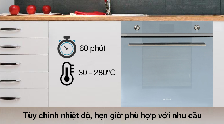 Lò nướng âm Smeg SO6102TS 68 lít (536.64.982) - Trang bị nhiệt độ cài đặt từ 30 - 280°C, hẹn giờ tối đa 60 phút