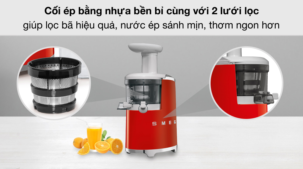 Máy ép chậm Smeg SJF01RDEU (535.43.629) - Cối nhựa và 2 lưới lọc