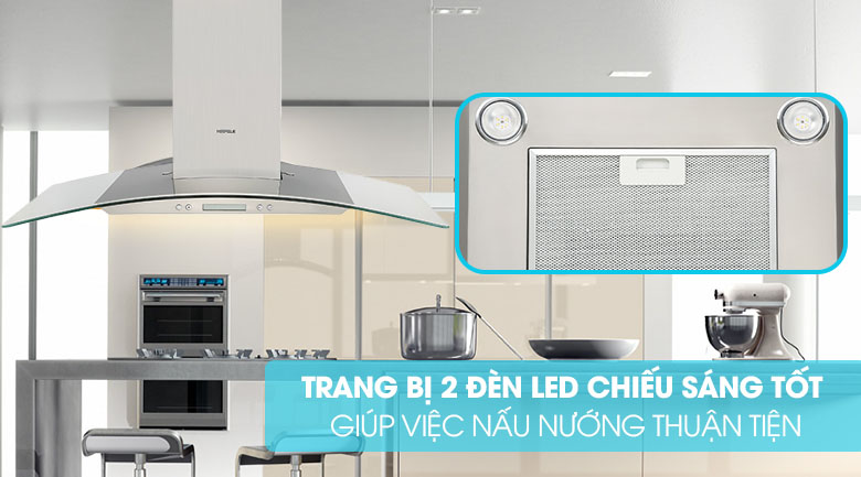 Trang bị 2 đèn LED x 2,5W hoạt động tối ưu, quan sát dễ dàng - Máy hút mùi áp tường Hafele HH-WG90B.